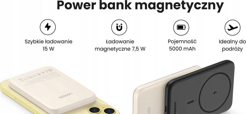 LiPo išorinis akumuliatorius (Powerbank) 5000mAh 15W bevielis QI 7.5W, su magnetu Magsafe PB560 UGREEN