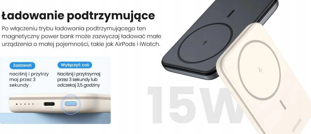 LiPo išorinis akumuliatorius (Powerbank) 5000mAh 15W bevielis QI 7.5W, su magnetu Magsafe PB560 UGREEN