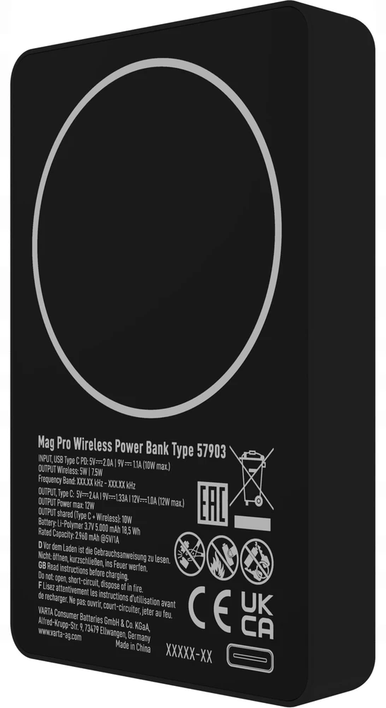 Belaidis išorinis akumuliatorius Varta, indukcinis, „Mag Pro“, 5000mAh, VARTA, juodas