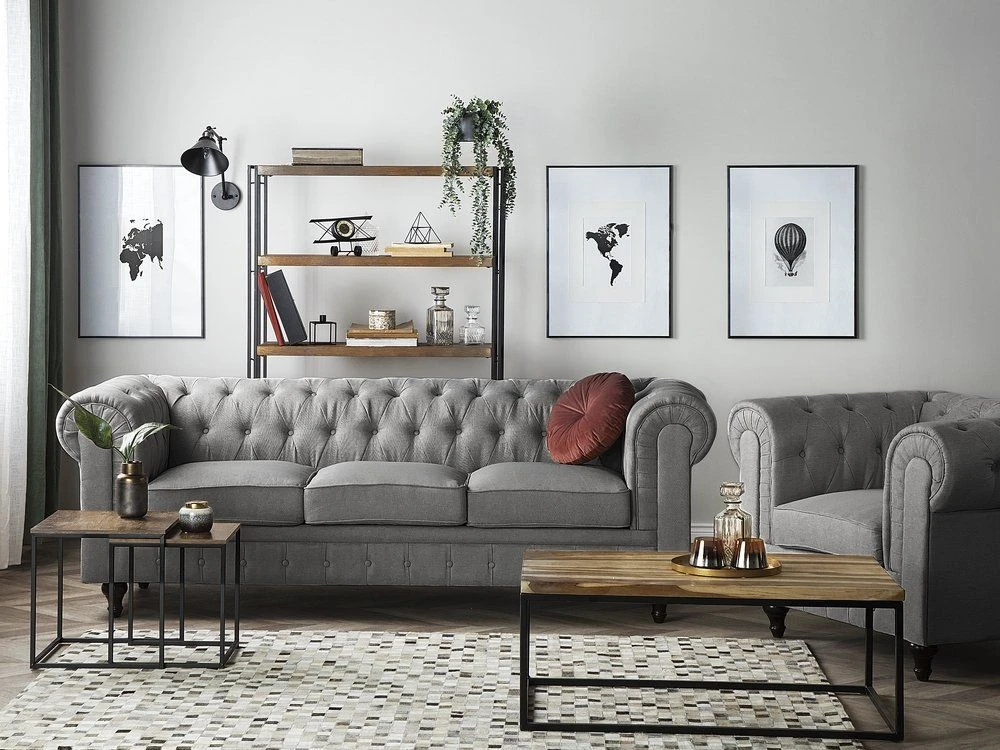 Beliani 3 vietų sofa CHESTERFIELD šviesiai pilka