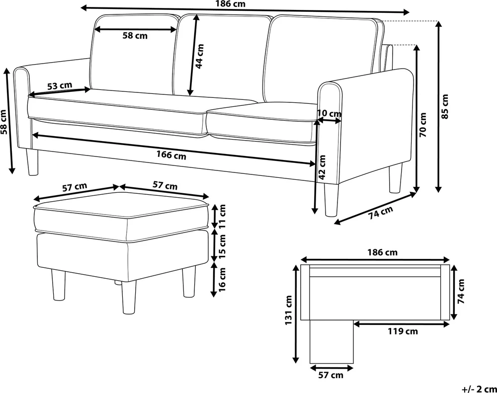 Beliani Trivietė sofa AVESTA, ruda, su otomanu
