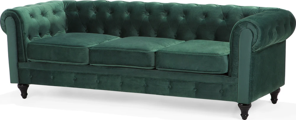 Beliani CHESTERFIELD trijų vietų veliūrinė sofa, smaragdo žalios spalvos