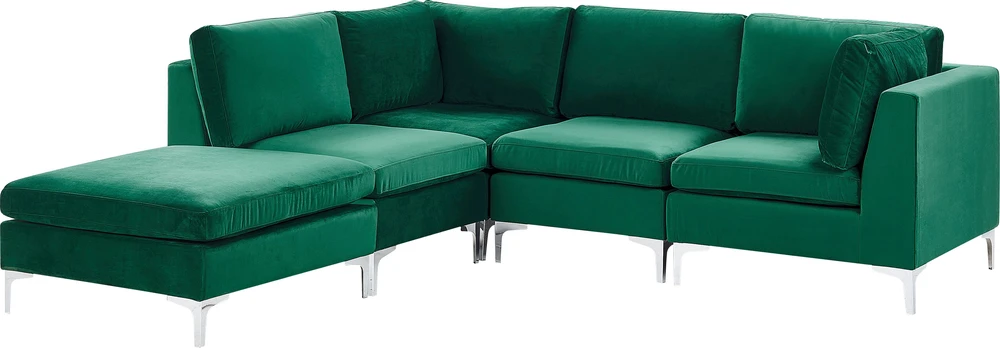 Beliani 4 vietų modulinė sofa EVJA, dešininė, žalia veliūrinė, su otomane