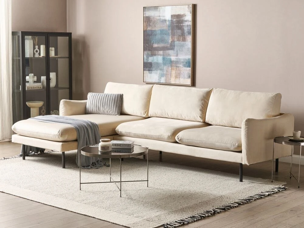 Beliani 4 vietų kampinė sofa VINTERBRO, veliūrinė, šviesiai smėlinė, dešininė
