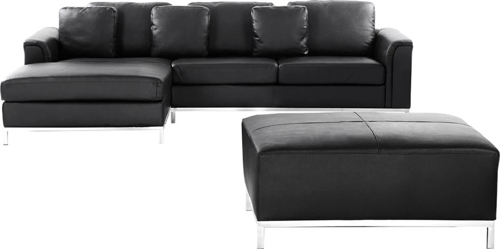 Beliani 5 vietų kampinė sofa OSLO, natūrali oda, juoda su otomanu, dešininė