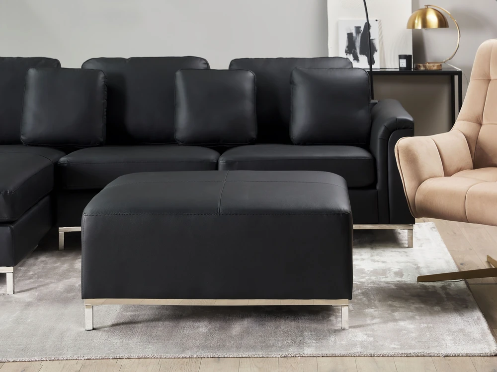 Beliani 5 vietų kampinė sofa OSLO, natūrali oda, juoda su otomanu, dešininė