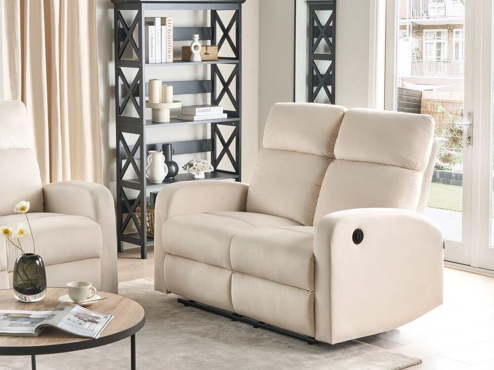 Beliani 2 vietų sofa su elektrine relaksacijos funkcija VERDAL, veliūrinė, smėlio spalvos