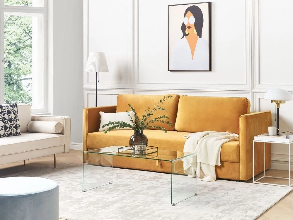 Beliani Trivietė išskleidžiama sofa EKSJO, veliūrinė, garstyčių spalvos, su patalynės dėže