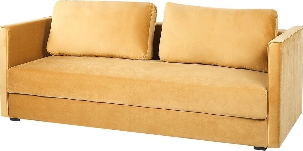Beliani Trivietė išskleidžiama sofa EKSJO, veliūrinė, garstyčių spalvos, su patalynės dėže