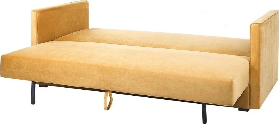 Beliani Trivietė išskleidžiama sofa EKSJO, veliūrinė, garstyčių spalvos, su patalynės dėže