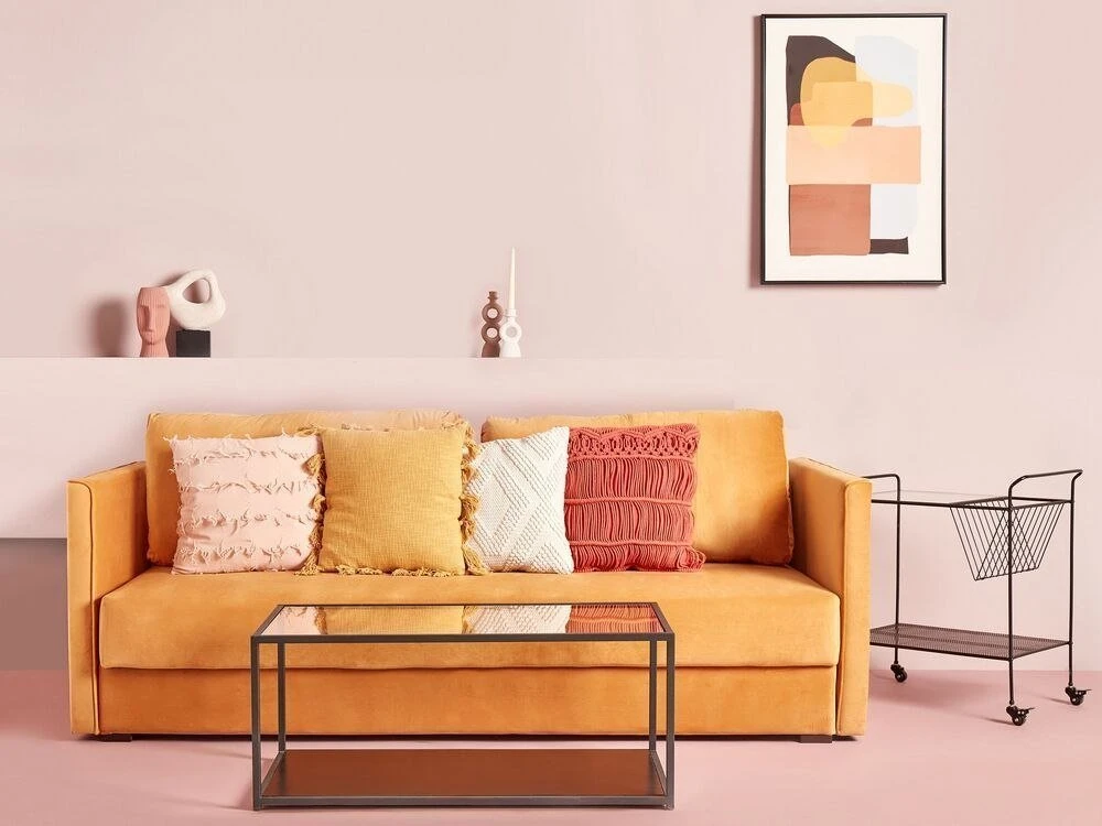 Beliani Trivietė išskleidžiama sofa EKSJO, veliūrinė, garstyčių spalvos, su patalynės dėže