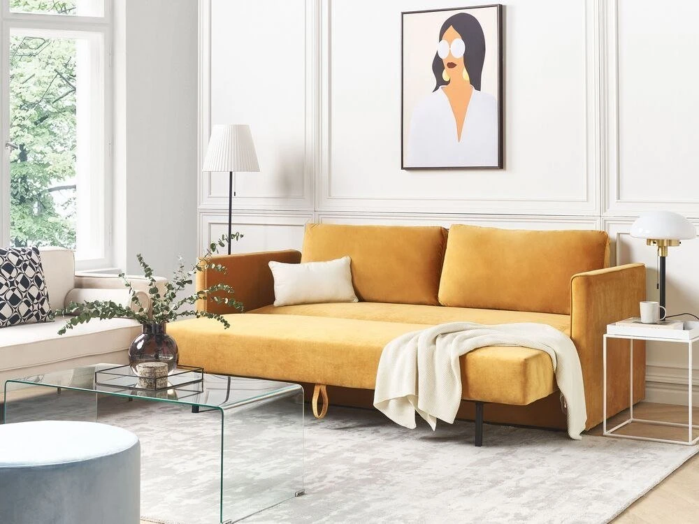 Beliani Trivietė išskleidžiama sofa EKSJO, veliūrinė, garstyčių spalvos, su patalynės dėže