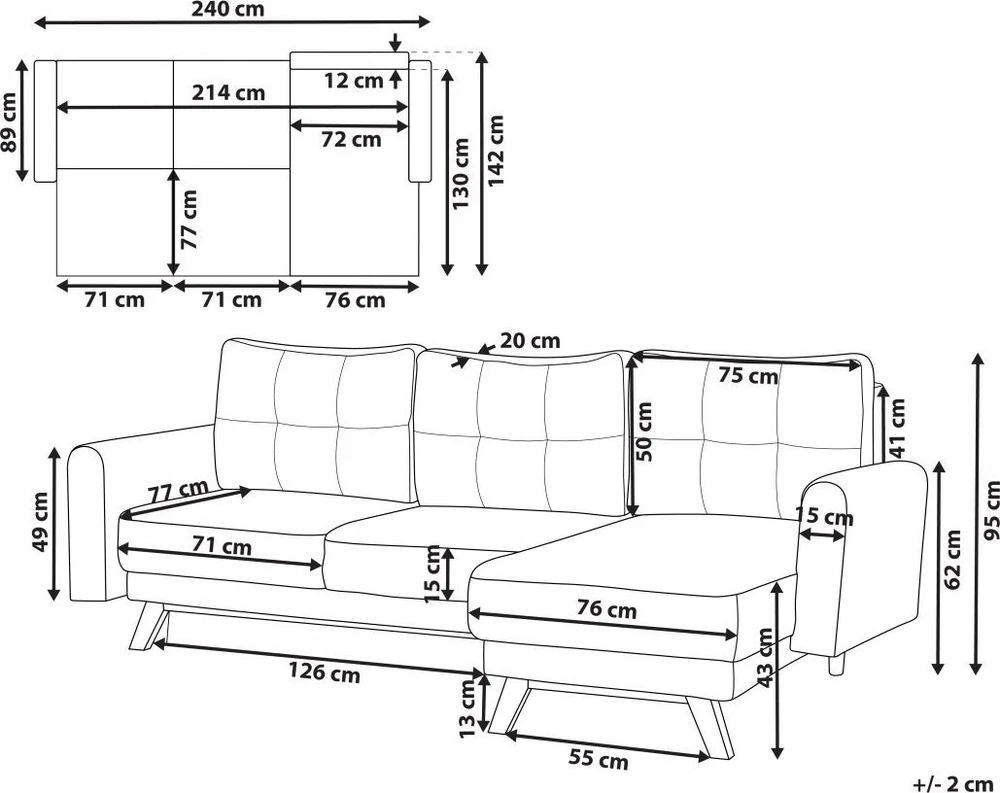 Beliani Išskleidžiama 3 vietų sofa SIRO pilkos spalvos su patalynės dėže, kairinė