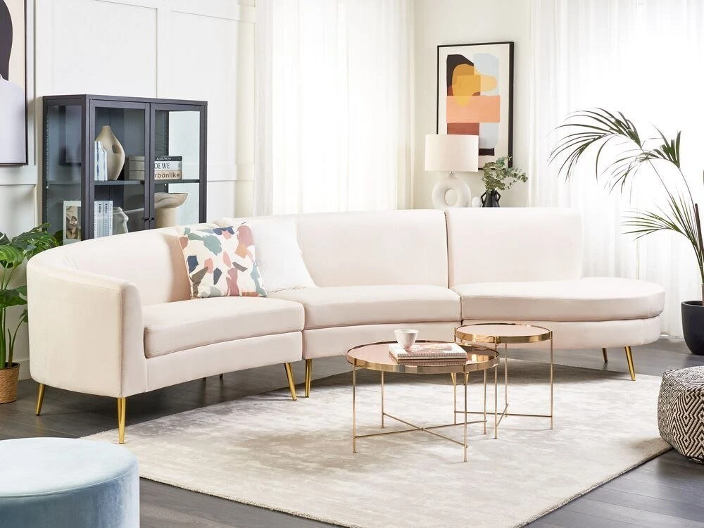 Beliani Pusapvalė sofa 4 asmenims MOSS veliūrinė šviesiai smėlio spalvos
