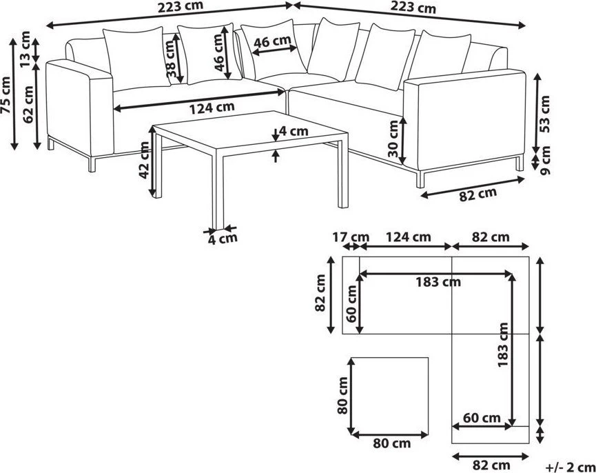 Beliani Sodo kampinė sofa su staliuku 5 asmenims BELIZE dešininė smėlio spalvos modulinė