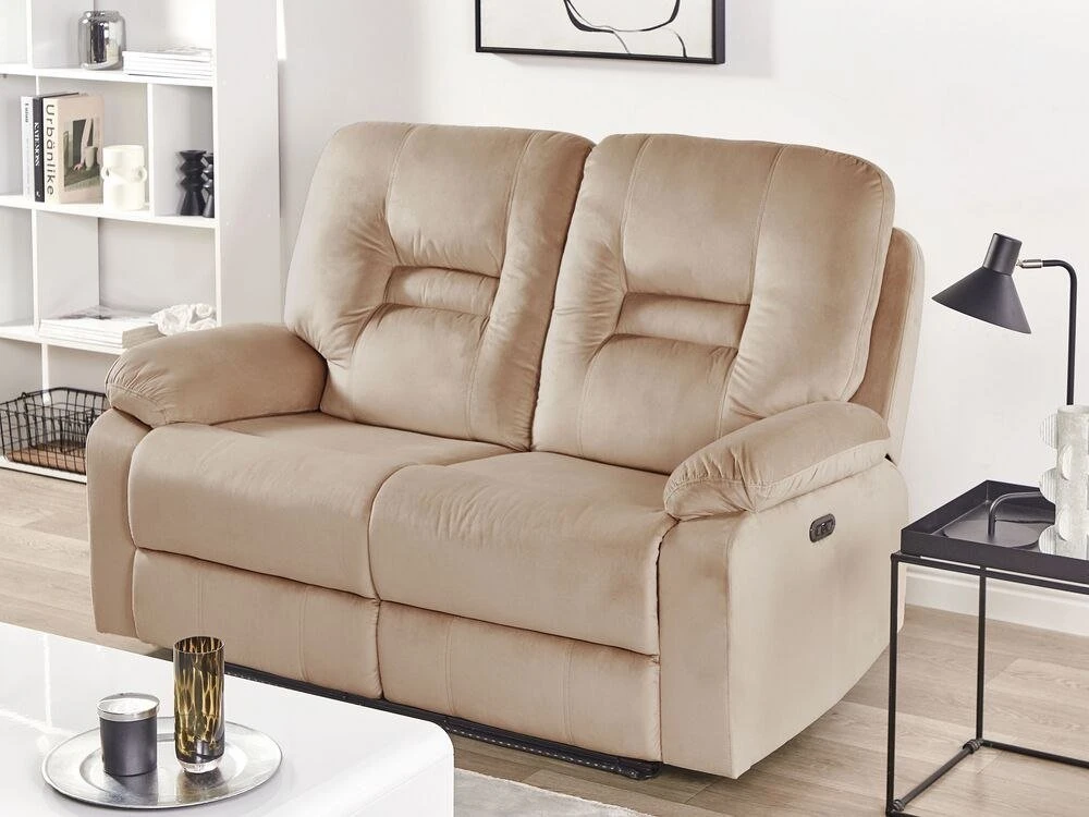 Beliani Dvivietė sofa su elektrine relaksacijos funkcija BERGEN veliūrinė šviesiai smėlio spalvos su USB prievadu