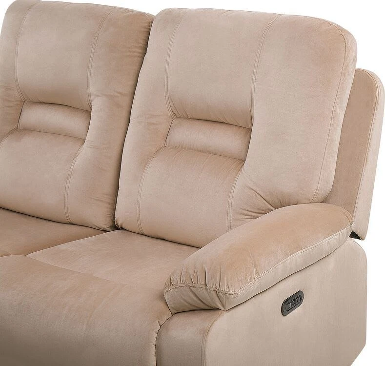 Beliani Dvivietė sofa su elektrine relaksacijos funkcija BERGEN veliūrinė šviesiai smėlio spalvos su USB prievadu