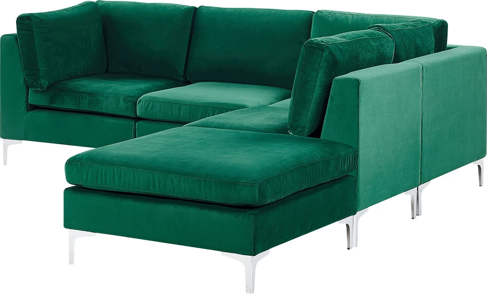 Beliani 4 vietų modulinė kampinė sofa EVJA kairinė, žalias veliūras su otomanu