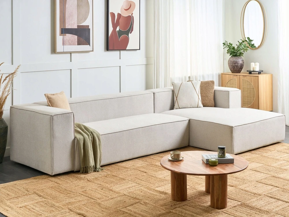 Beliani Kamninė sofa VERNON 3 asmenų, šviesiai smėlio spalvos, kairinė
