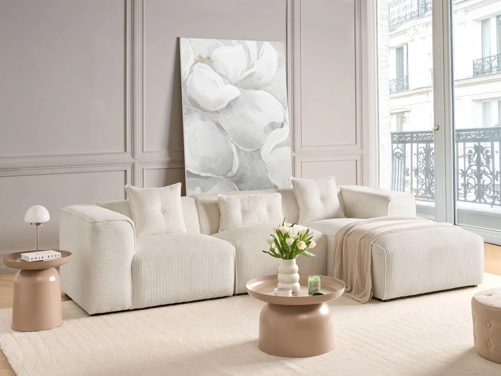 Beliani 3 vietų kampinė sofa DOLVA, velvetas, kreminė balta, kairinė