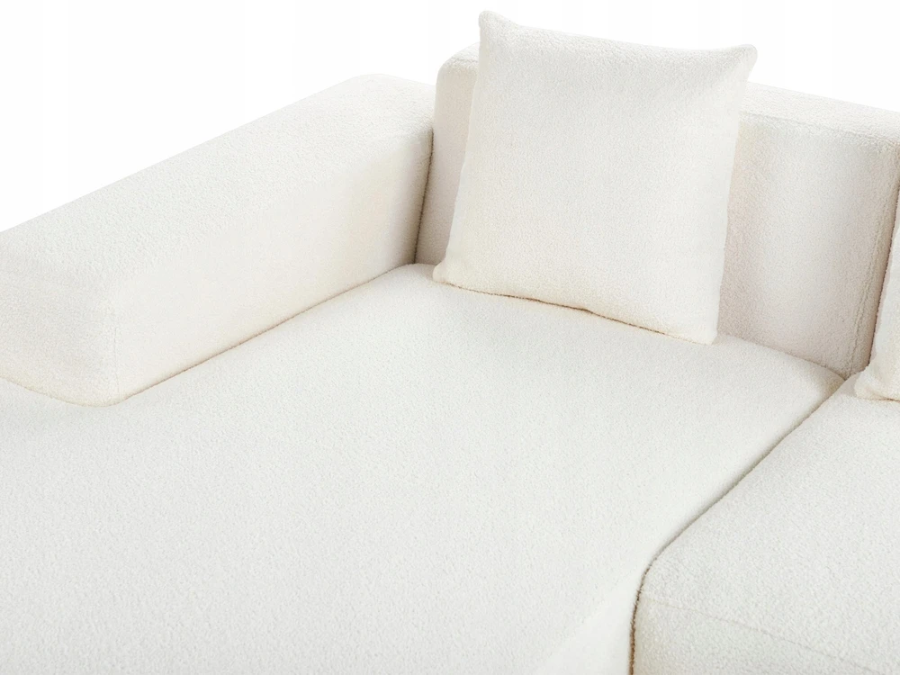 Beliani 4-vietė kampe sofa LUNGO Boucle, balta su otomanu, dešininė