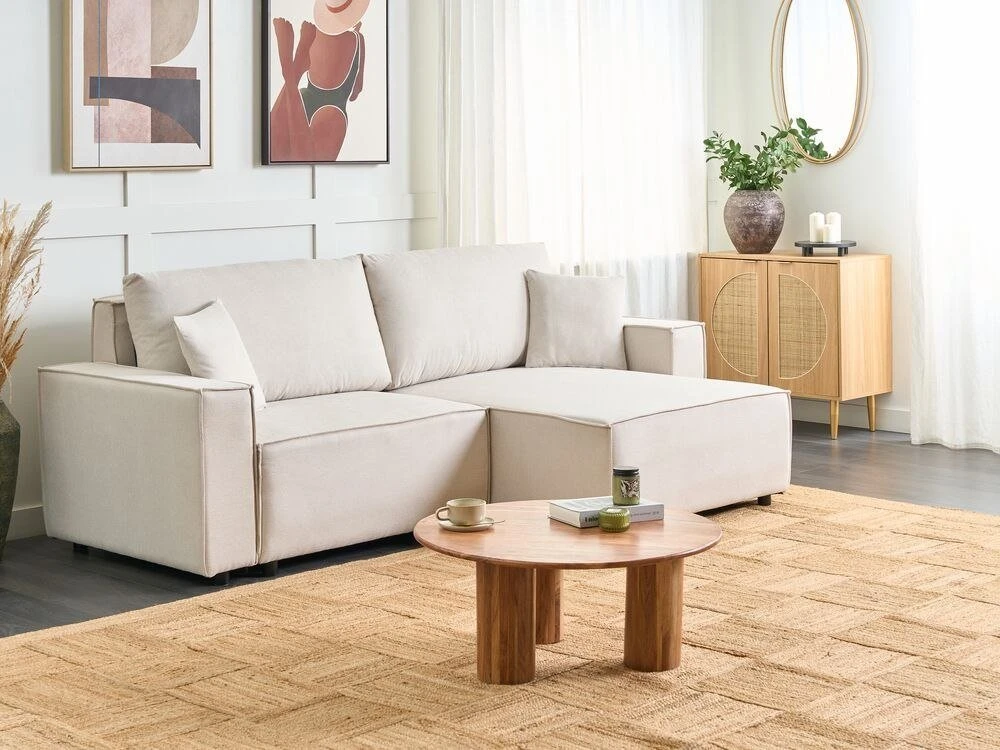 Beliani Trivietė išskleidžiama sofa KARILA, šviesiai smėlio spalvos, su patalynės dėže, kairinė