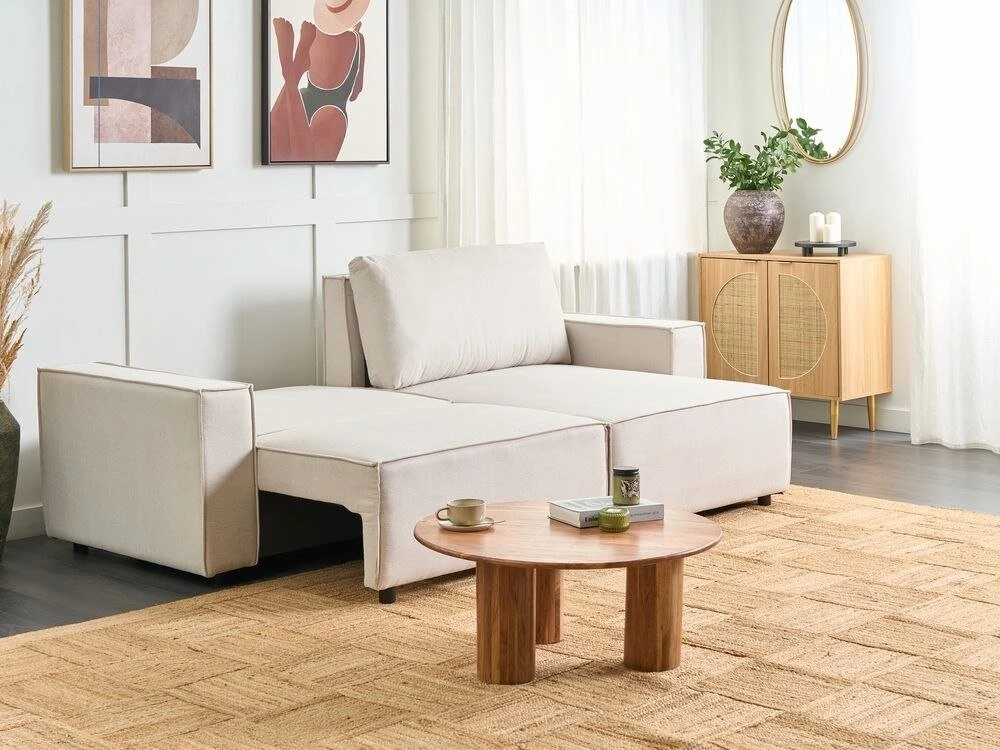 Beliani Trivietė išskleidžiama sofa KARILA, šviesiai smėlio spalvos, su patalynės dėže, kairinė