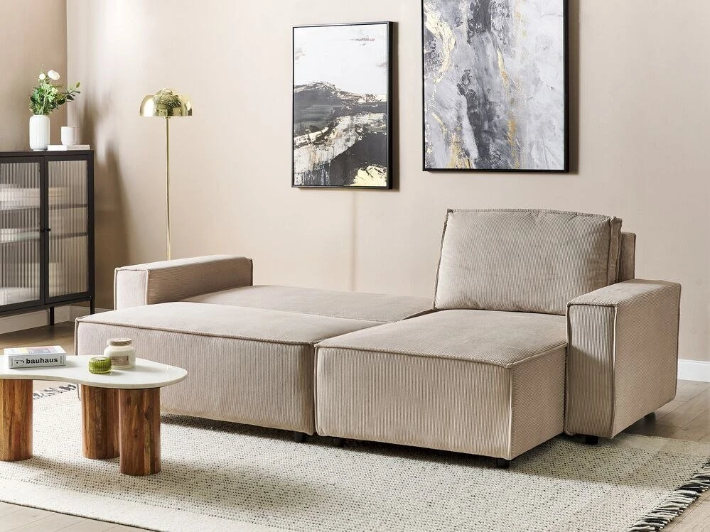 Beliani Išskleidžiama 3 vietų kampinė sofa ABACKA, velvetas, smėlio spalvos, kairinė