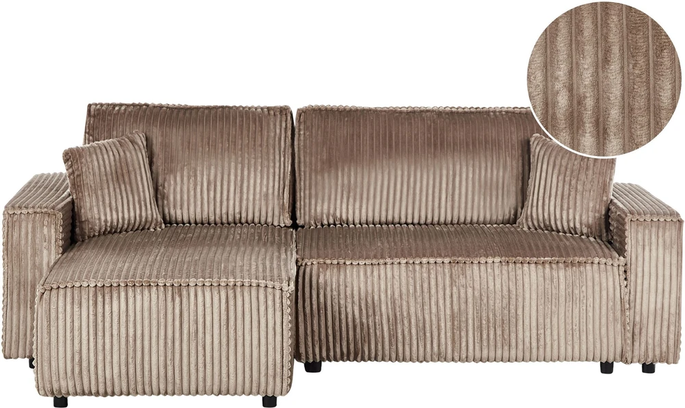 Beliani Išskleidžiama 3 vietų kampinė sofa ABACKA, velvetas, šviesiai ruda, su patalynės dėže, dešininė