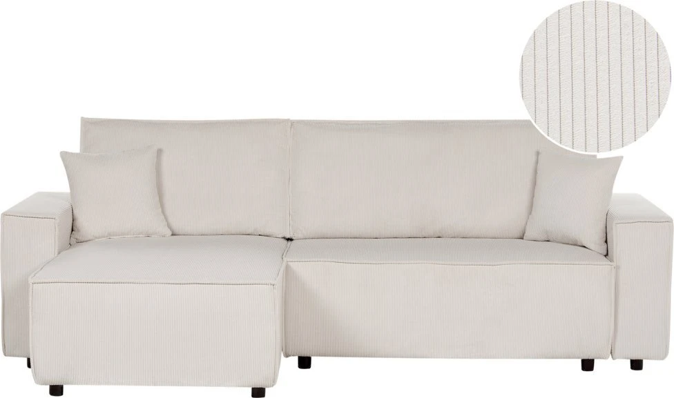 Beliani Išskleidžiama kampinė sofa ABACKA, 3 vietų, velvetinė, kreminė balta, dešininė