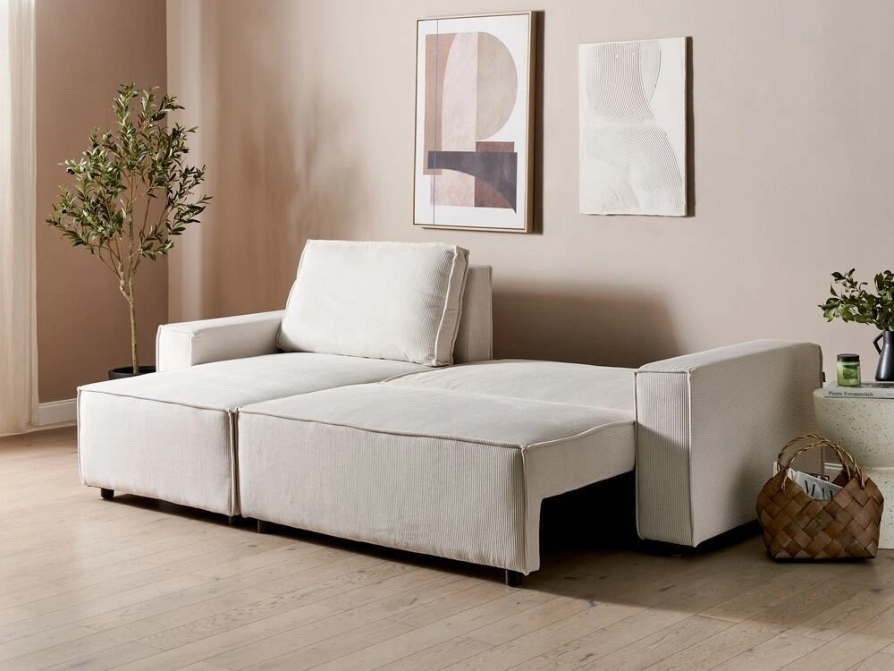 Beliani Išskleidžiama kampinė sofa ABACKA, 3 vietų, velvetinė, kreminė balta, dešininė
