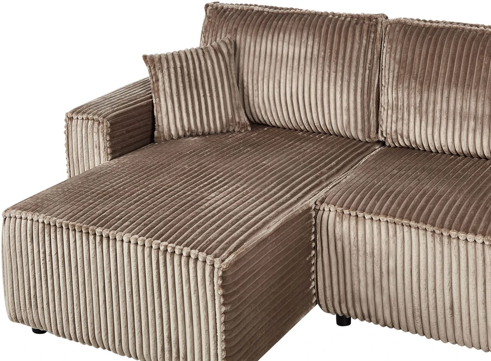 Beliani Išskleidžiama 3 vietų kampinė sofa ABACKA, velvetas, šviesiai ruda, su patalynės dėže, dešininė