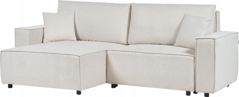 Beliani Trivietė kampinė sofa KARILA, šviesiai smėlio spalvos, su miegojimo funkcija ir patalynės dėže, dešininė