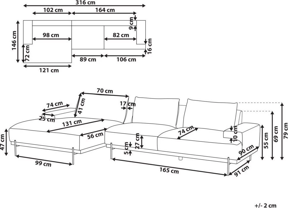 Beliani 4 vietų kampinė sofa MARIFERD šviesiai smėlio spalvos dešininė