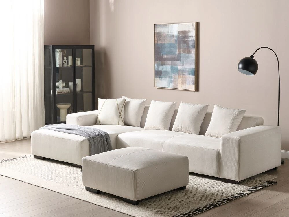 Beliani LUNGO 4 vietų kampinė sofa, velvetas, kreminė balta, dešininė