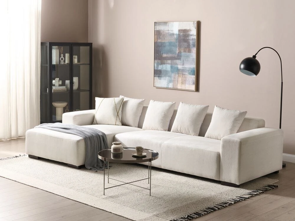 Beliani L formos kampinė sofa LUNGO Velvetinis audinys Kreminė spalva Dešininė