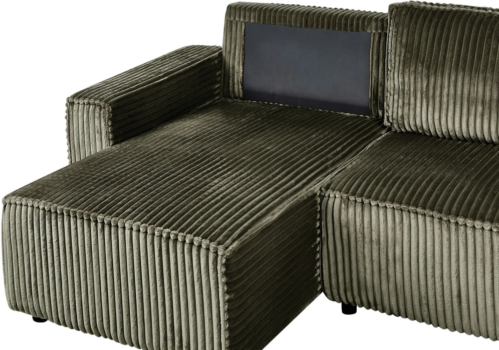 Beliani Išskleidžiamas trijų vietų kampinė sofa ABACKA, velvetinis, žalias, su daiktadėže, dešininė