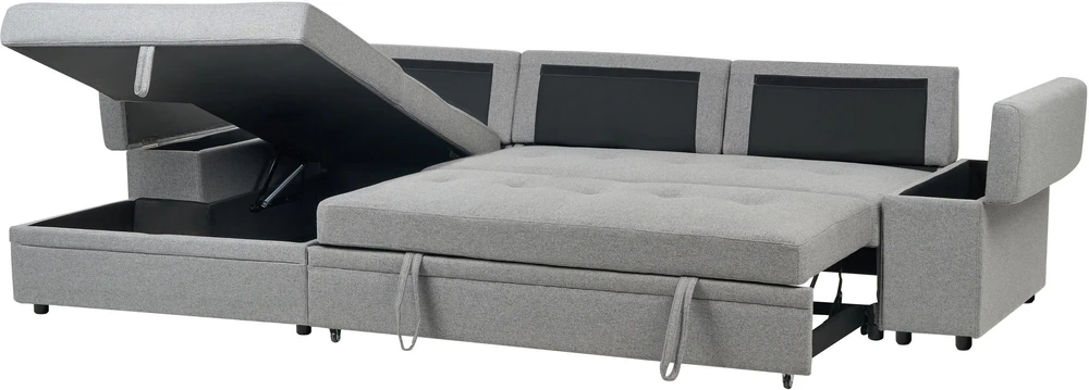 Sofa Beliani Išskleidžiamas kampinis sofos komplektas HRISEY 3 asmenims, sintetinis linas, pilkas, su daiktadėže, dešininis