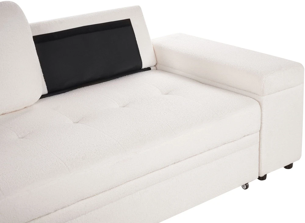 Beliani Išskleidžiama 3 vietų kampinė sofa HRISEY Boucle balta su daiktadėže, dešininė