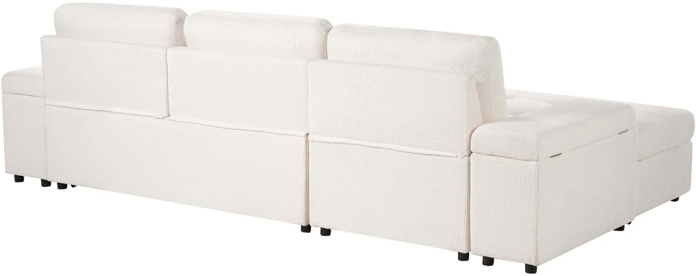 Beliani Išskleidžiama 3 vietų kampinė sofa HRISEY Boucle balta su daiktadėže, dešininė