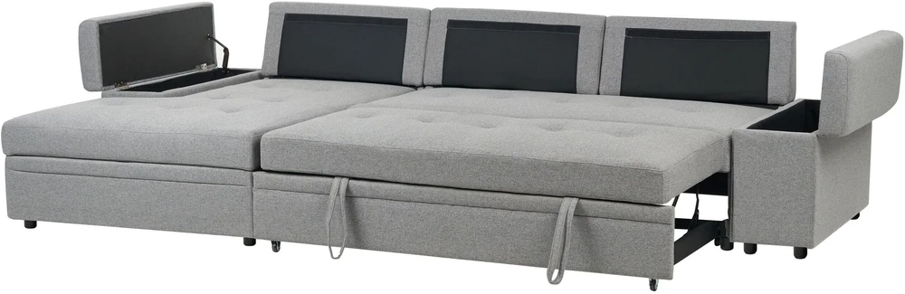 Sofa Beliani Išskleidžiamas kampinis sofos komplektas HRISEY 3 asmenims, sintetinis linas, pilkas, su daiktadėže, dešininis