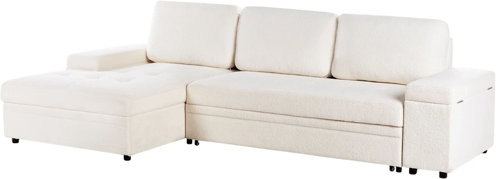 Beliani Išskleidžiama 3 vietų kampinė sofa HRISEY Boucle balta su daiktadėže, dešininė