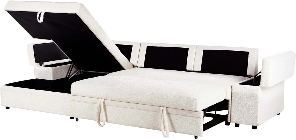 Beliani Išskleidžiama 3 vietų kampinė sofa HRISEY Boucle balta su daiktadėže, dešininė