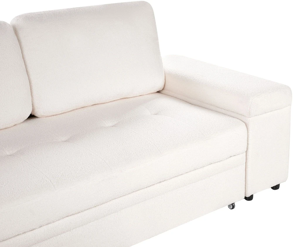 Beliani Išskleidžiama 3 vietų kampinė sofa HRISEY Boucle balta su daiktadėže, dešininė
