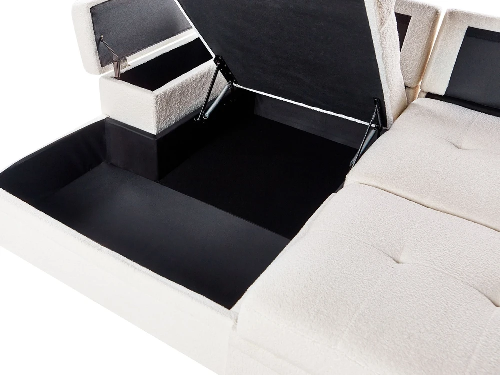 Beliani Išskleidžiama 3 vietų kampinė sofa HRISEY Boucle balta su daiktadėže, dešininė