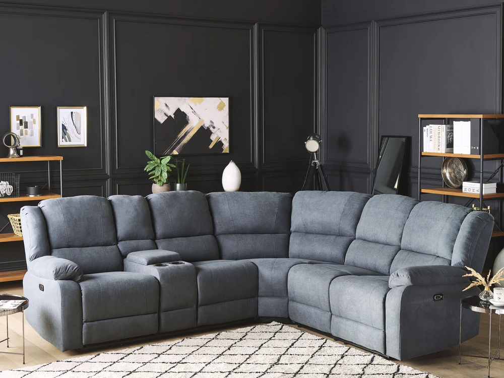 Beliani ROKKE kampinė sofa su elektrine relaksacijos funkcija 5 asmenims, USB jungtimi, tamsiai pilka, kairinė