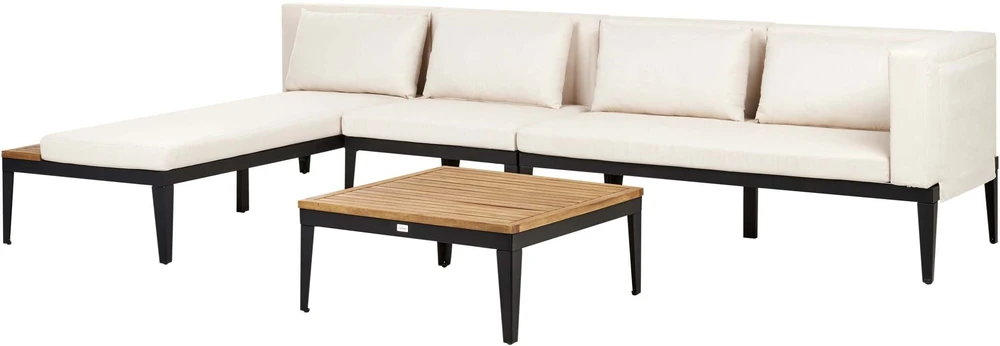 Lauko baldų komplektas Beliani Sodo kampinė sofa su staliuku 4 asmenims BRACCIANO dešininė, šviesiai smėlio spalvos, sertifikuota akacijos mediena