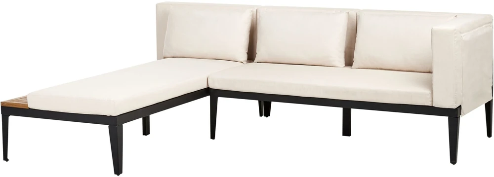 Lauko baldų komplektas Beliani Sodo kampinė sofa su staliuku 4 asmenims BRACCIANO dešininė, šviesiai smėlio spalvos, sertifikuota akacijos mediena