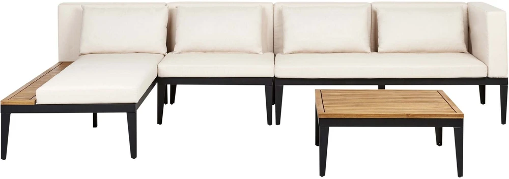 Lauko baldų komplektas Beliani Sodo kampinė sofa su staliuku 4 asmenims BRACCIANO dešininė, šviesiai smėlio spalvos, sertifikuota akacijos mediena