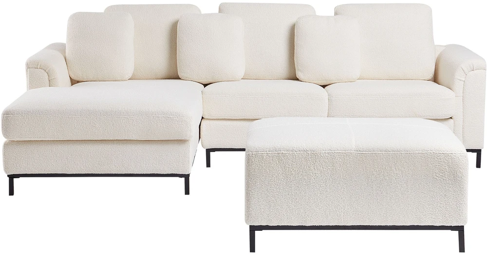 Beliani 5 vietų kampinė sofa OSLO, balta, bouclé audinys, su atrama kojoms, dešininė
